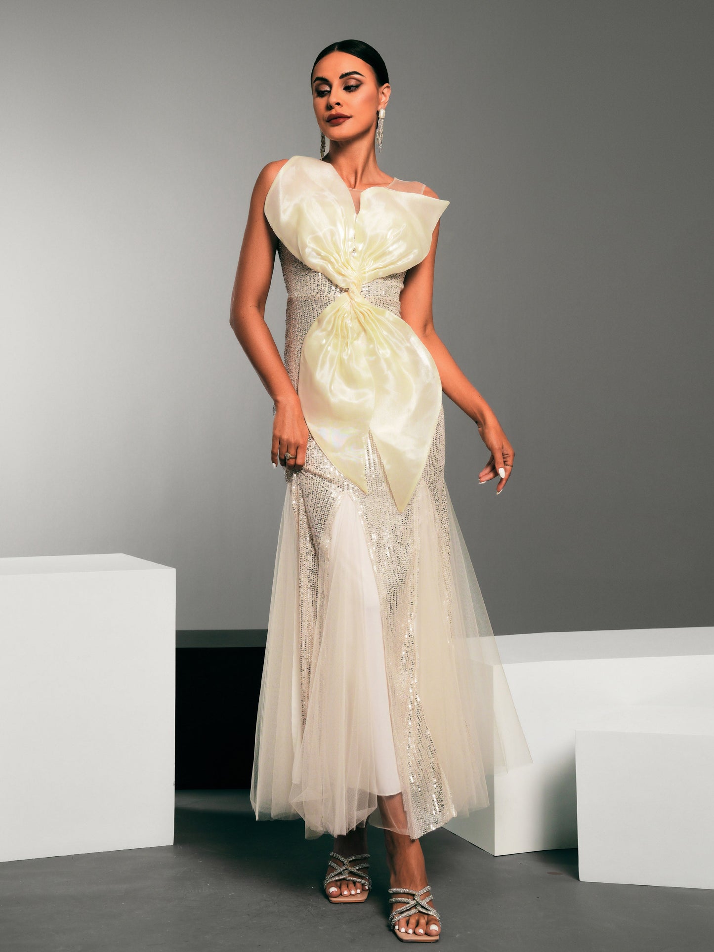 Bow Knot Sequin Panel Tulle Mermaid Dress
