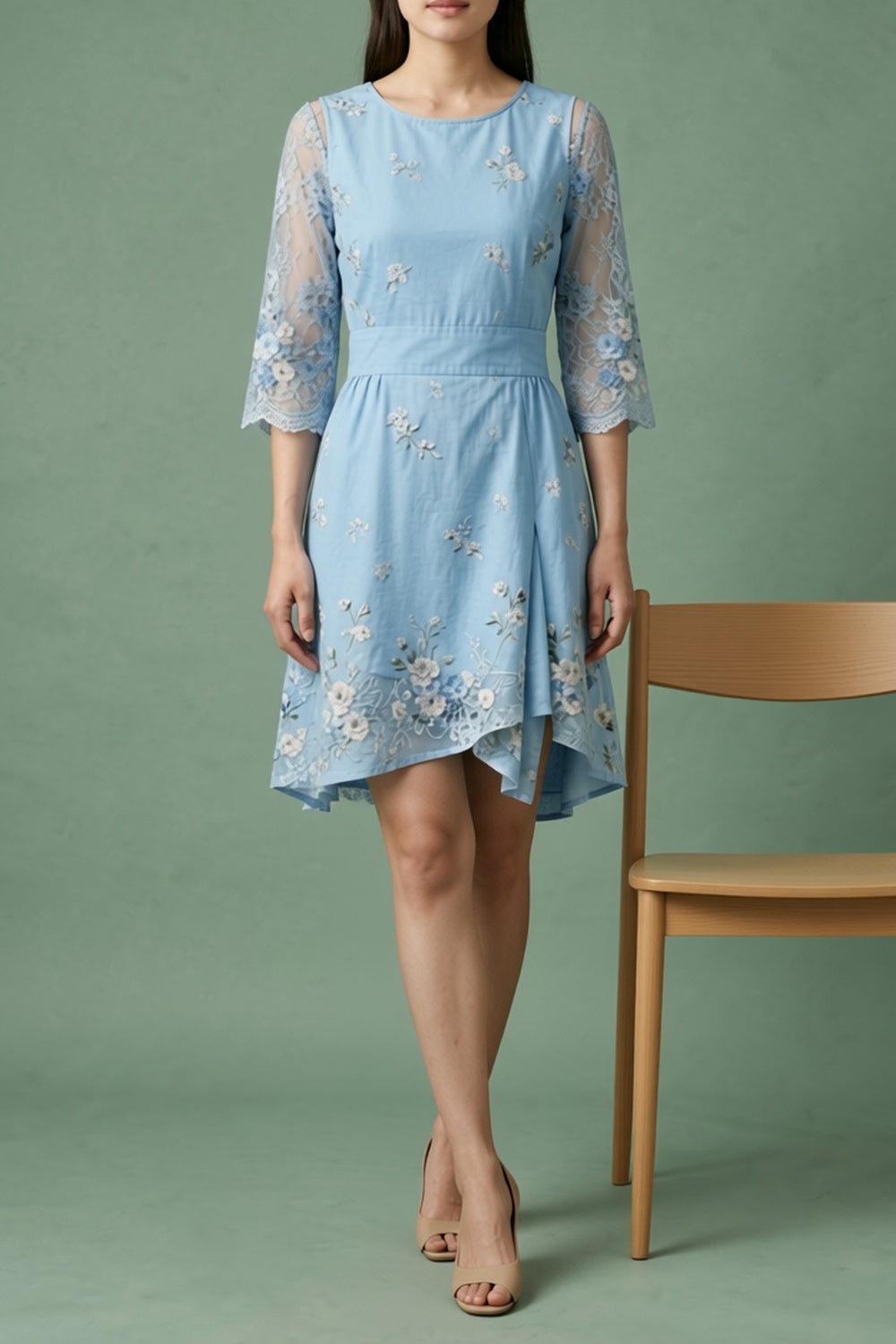 Light Blue Floral Embroidered Dress with Lace Sleeves warm sand breathable viscose crepe or linen blend Two-Piece Set - product view 5