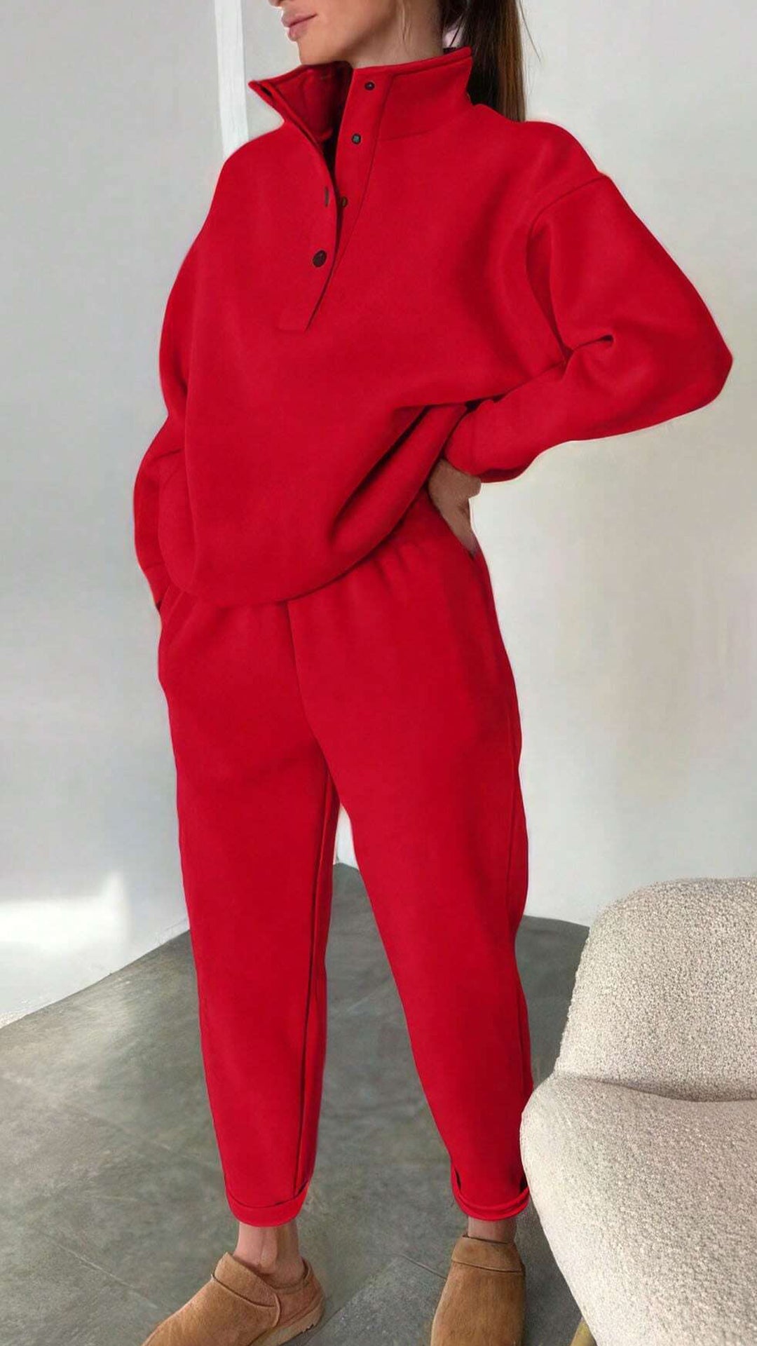 Half-Placket Stand Collar Fleece Loose Sweatshirt & Sweatpants Set