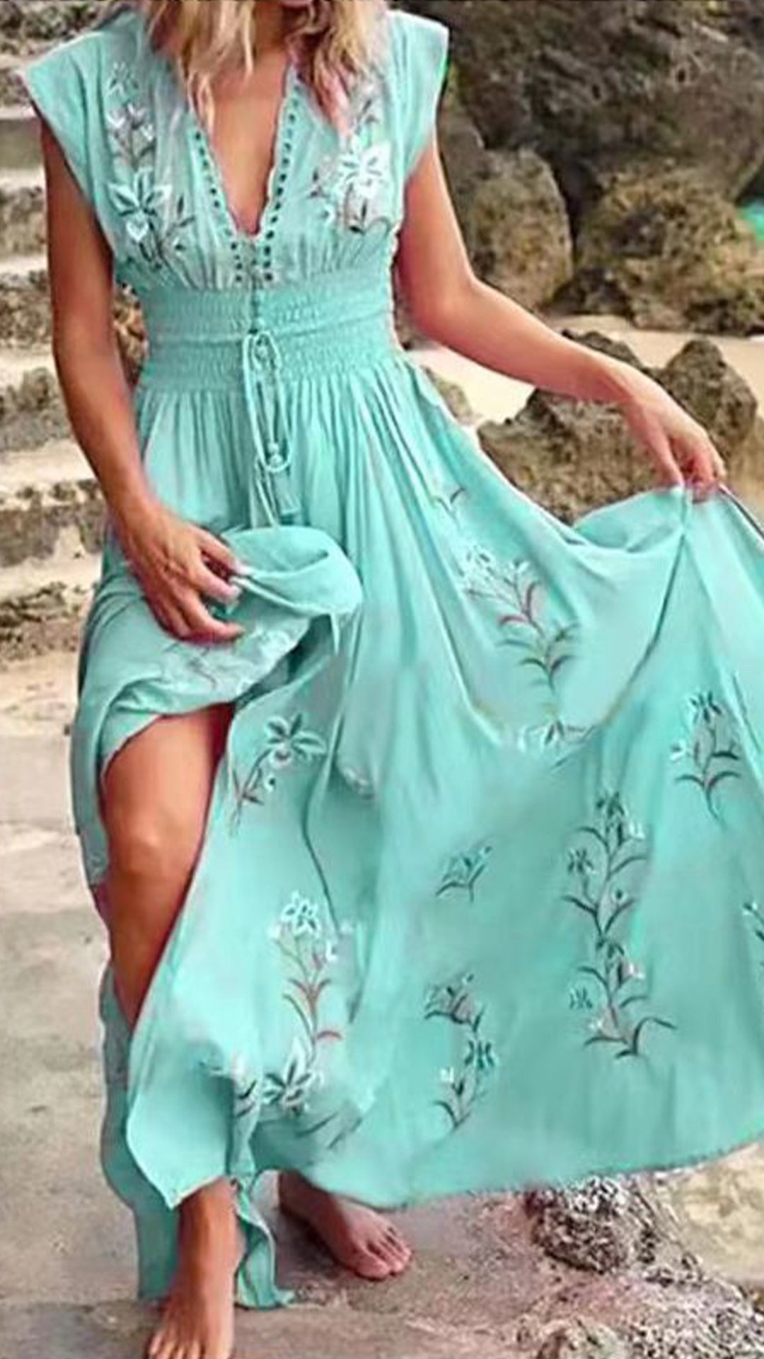 V-Neck Loose print embroidery maxi Dress
