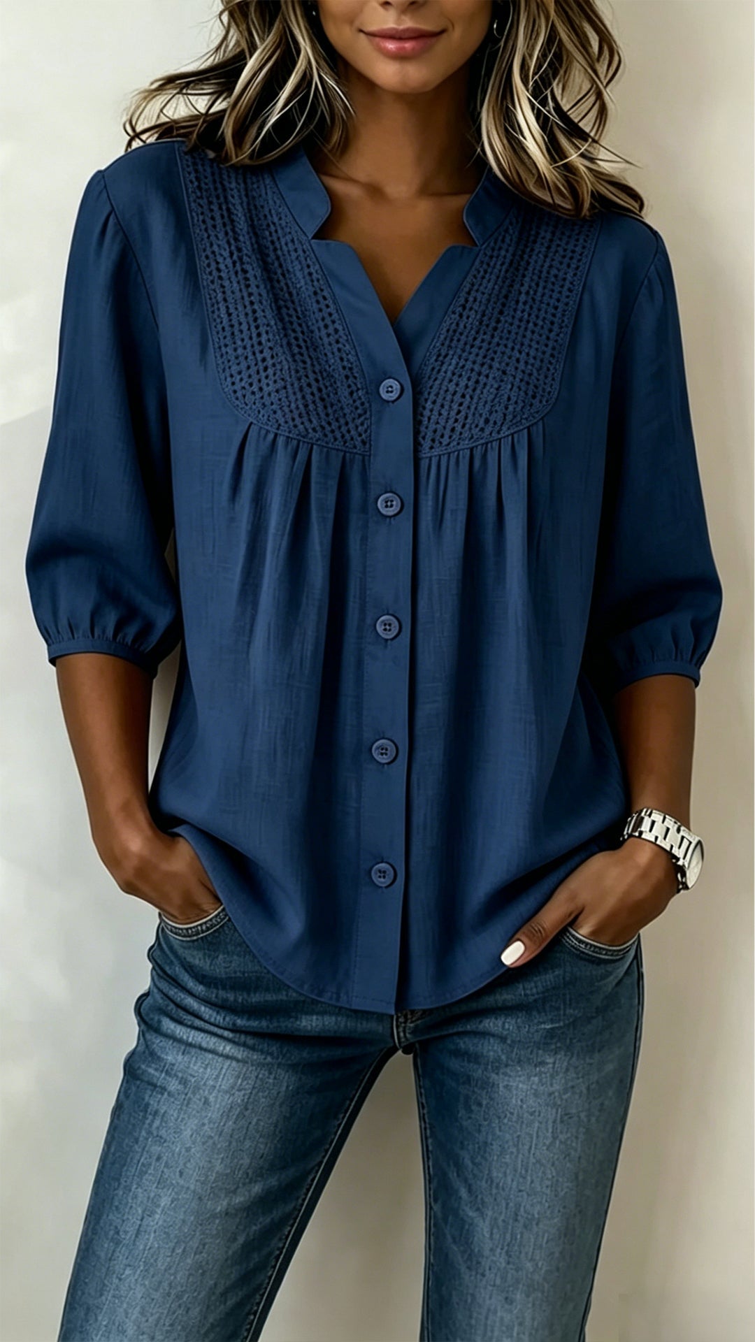 Crochet Detail Cotton-Blend Blouse