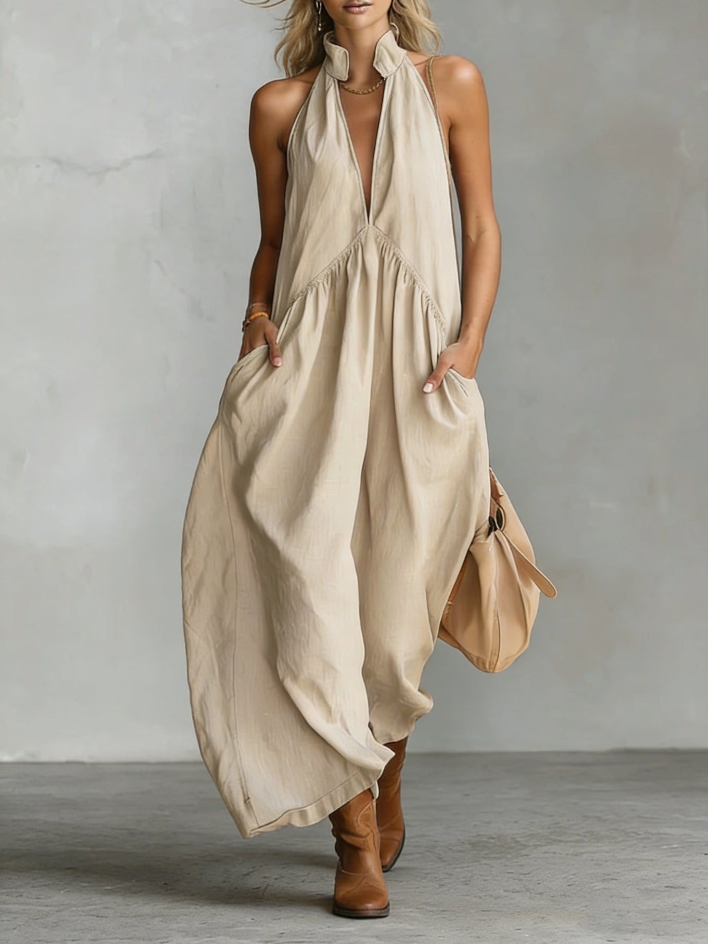 Linen Cotton Halter Maxi Dress