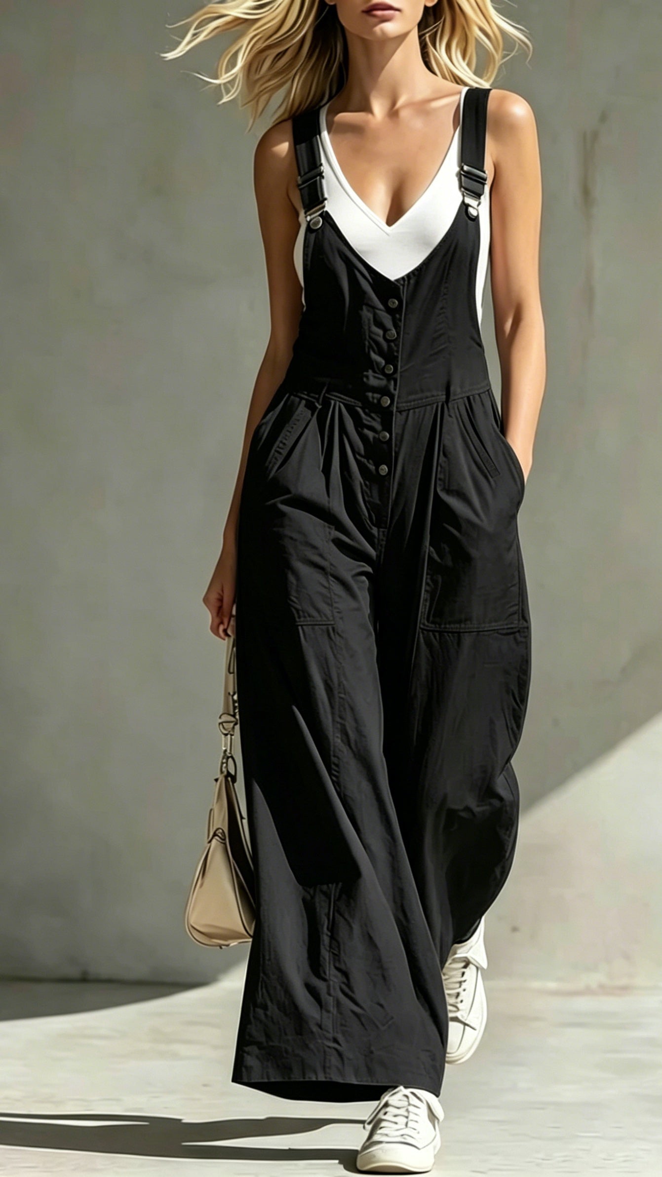 V-Neck Jumpsuit with Pockets, Zipper, Buttons, Open Back, and Waist-Cinching Straps