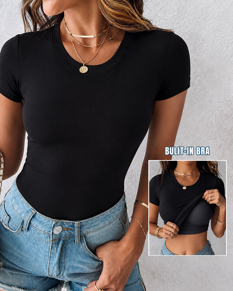 Women's Slim Fit Short Sleeve T-Shirt Crewneck Padded Tees Seamless Fitted Layering Top Going Out Shirts with Built-in Bra