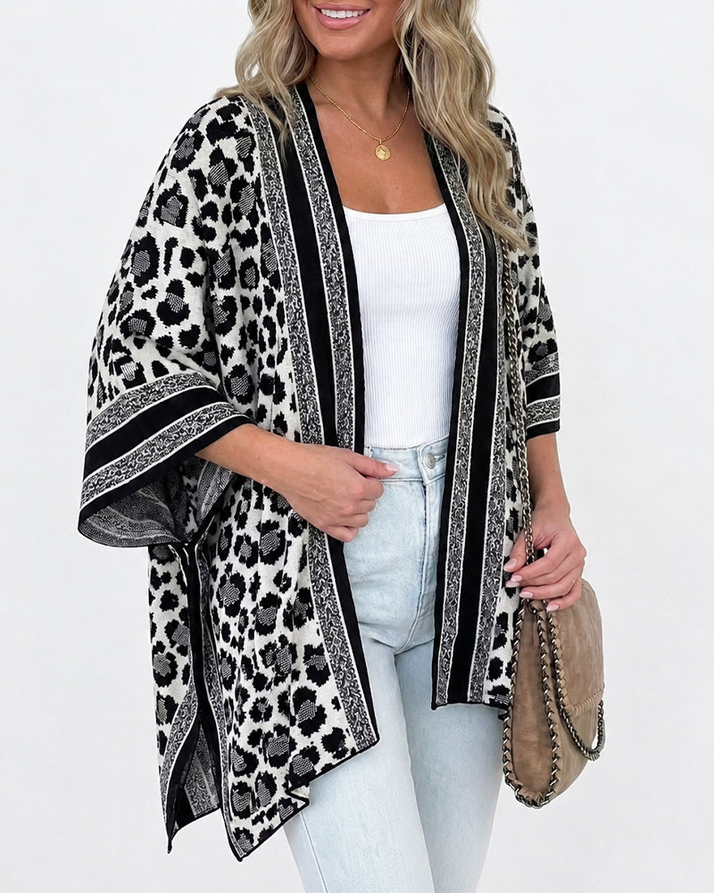 Women's Leopard Print Poncho Cardigan Contrast Striped Trim Open Front Loose Fit Batwing Sleeve Knit Cape Shawl