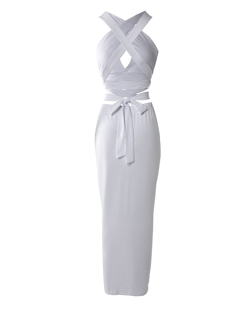Women's Two Piece Set Criss Cross Halter Backless Crop Top and High Slit Ruched Skirt Sexy Matching Set