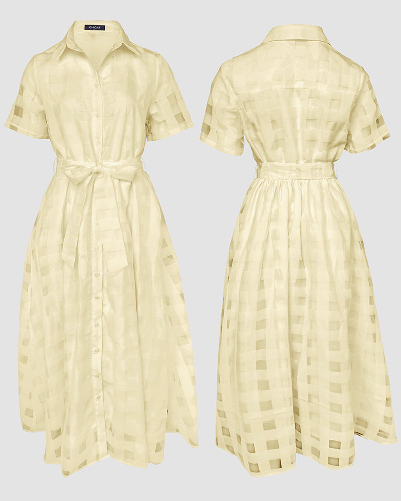 Women's Sheer Plaid Maxi Dress Short Sleeve Double Layer Swing Vacation Dress Elegant Flowy A Line Dress with Belt