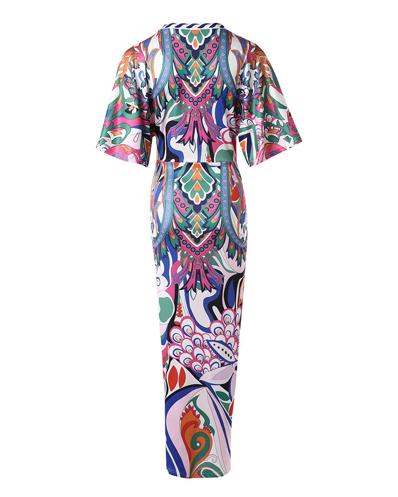 Women's Sexy Deep V Neck Abstract Print Maxi Dress Drawstring Ruched Front Slit Half Sleeve Bodycon Dress
