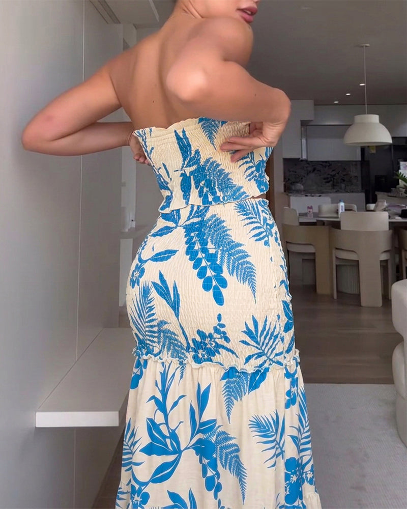 Women's Tropical Plants Print Bandeau Dress Shirred Cut Out Mermaid Maxi Dress Ruffle Hem Strapless Vacation Dress