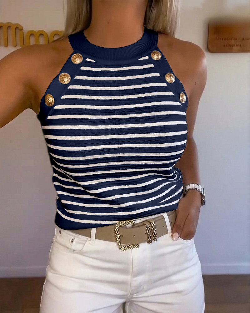 Women's Halter Neck Tank Top Striped Sleeveless Gold Button Contrast Binding Knit Top