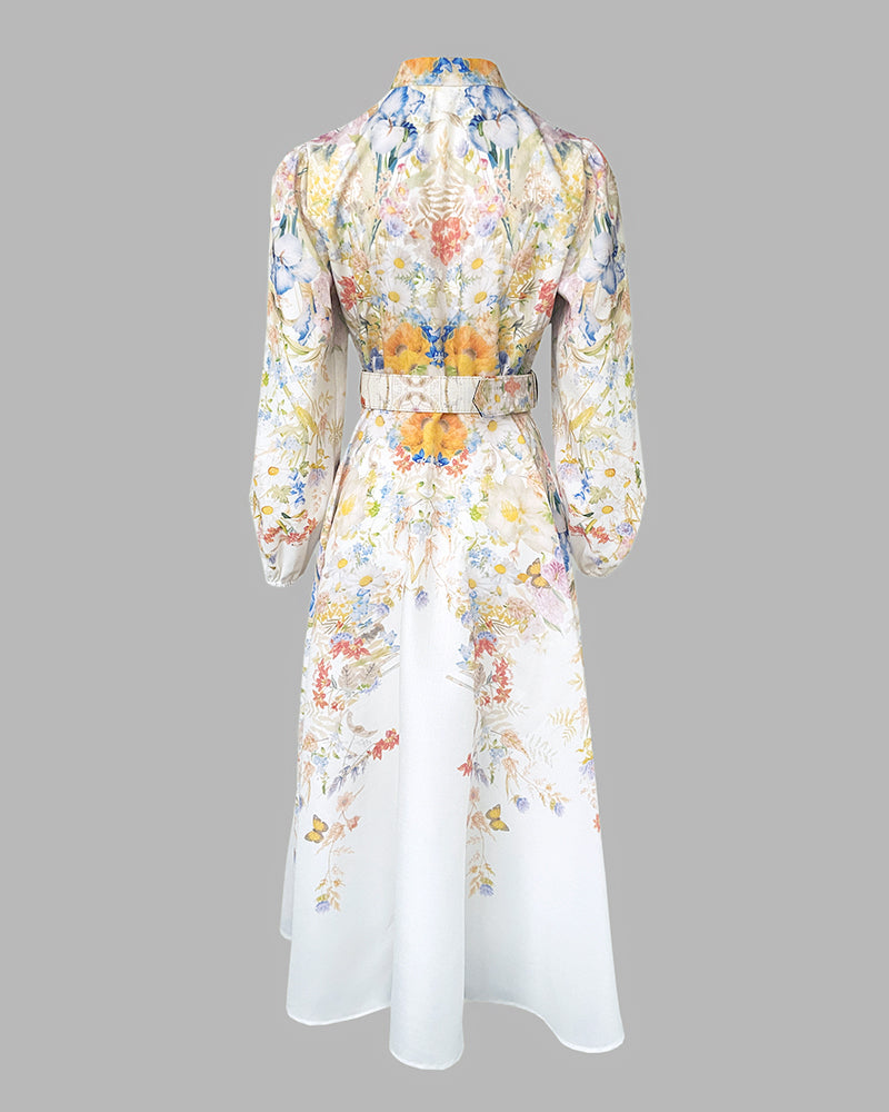 Lantern Sleeve Button Down Evening Dress Cinched Waist Vacation Dress with Belt