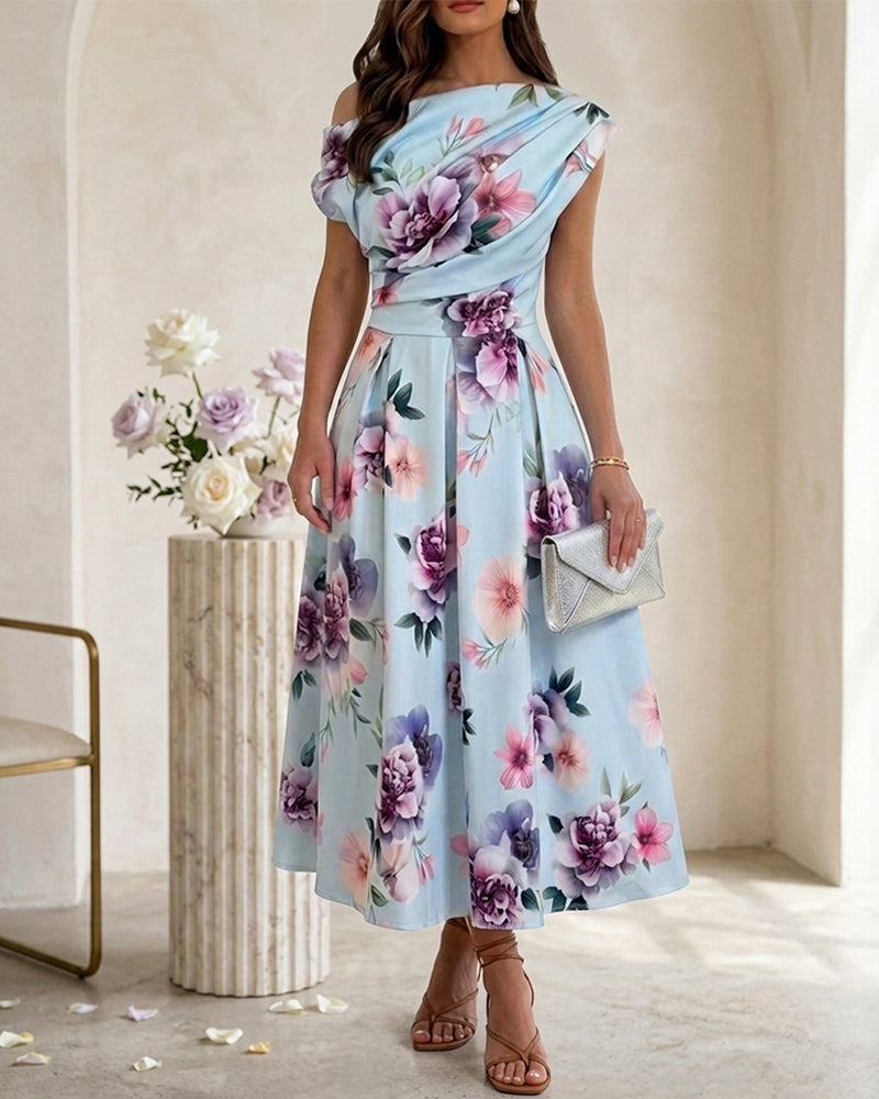 Women's Skew Neck Midi Dress Elegant Ruched Floral A-Line Dress High Waisted Vacation Dress with Pockets
