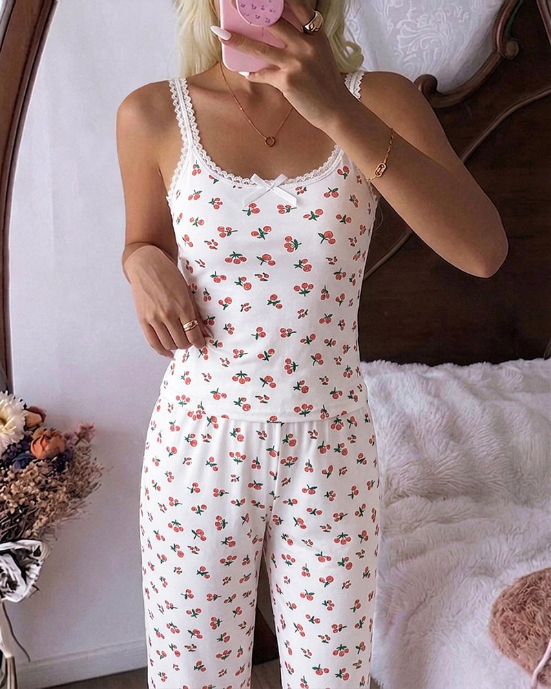 Women's Ditsy Floral Lace Trim Loungewear Set Slim Fit Cami Top and Straight Leg Pants Casual Pajamas Set