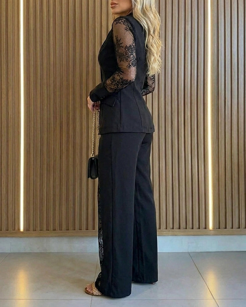 Women's 2 Piece Blazer Suit Set Elegant Lace Patchwork Long Sleeve Coat and High Waisted Straight Leg Pants