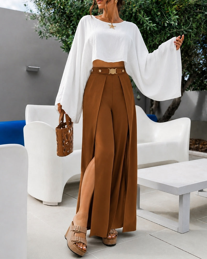 Women's High Waisted Wide Leg Pants Gold Hardware Front Overlapping Slit Loose Trousers with Pockets