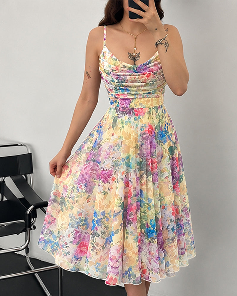 Women's Oil Painting Floral Mesh Midi Dress Sexy Cowl Neck Cami Dress High Waisted Ruched Backless A Line Sundress
