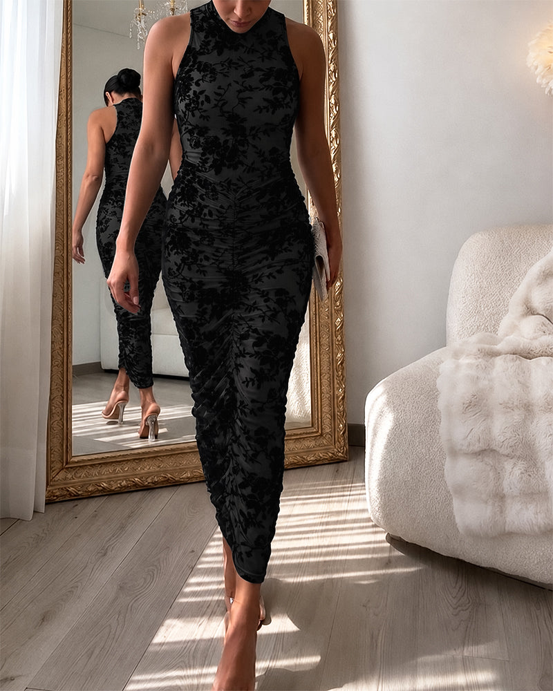 Women's Flocking Floral Mesh Midi Dress Mock Neck Sleeveless Ruched Bodycon Dress Sheer Overlay Cocktial Party Dress