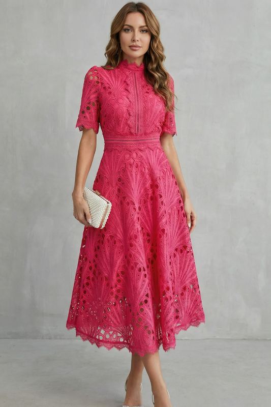 Charlisse – Ornate lace refinement – High-neck midi dress