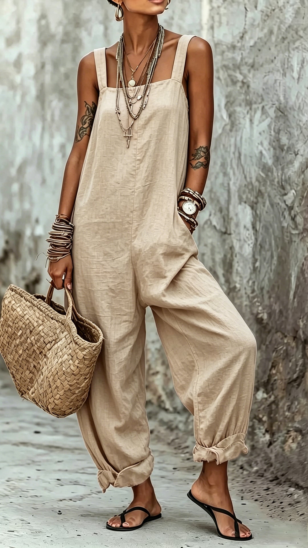 Linen-Blend Striped Jumpsuit