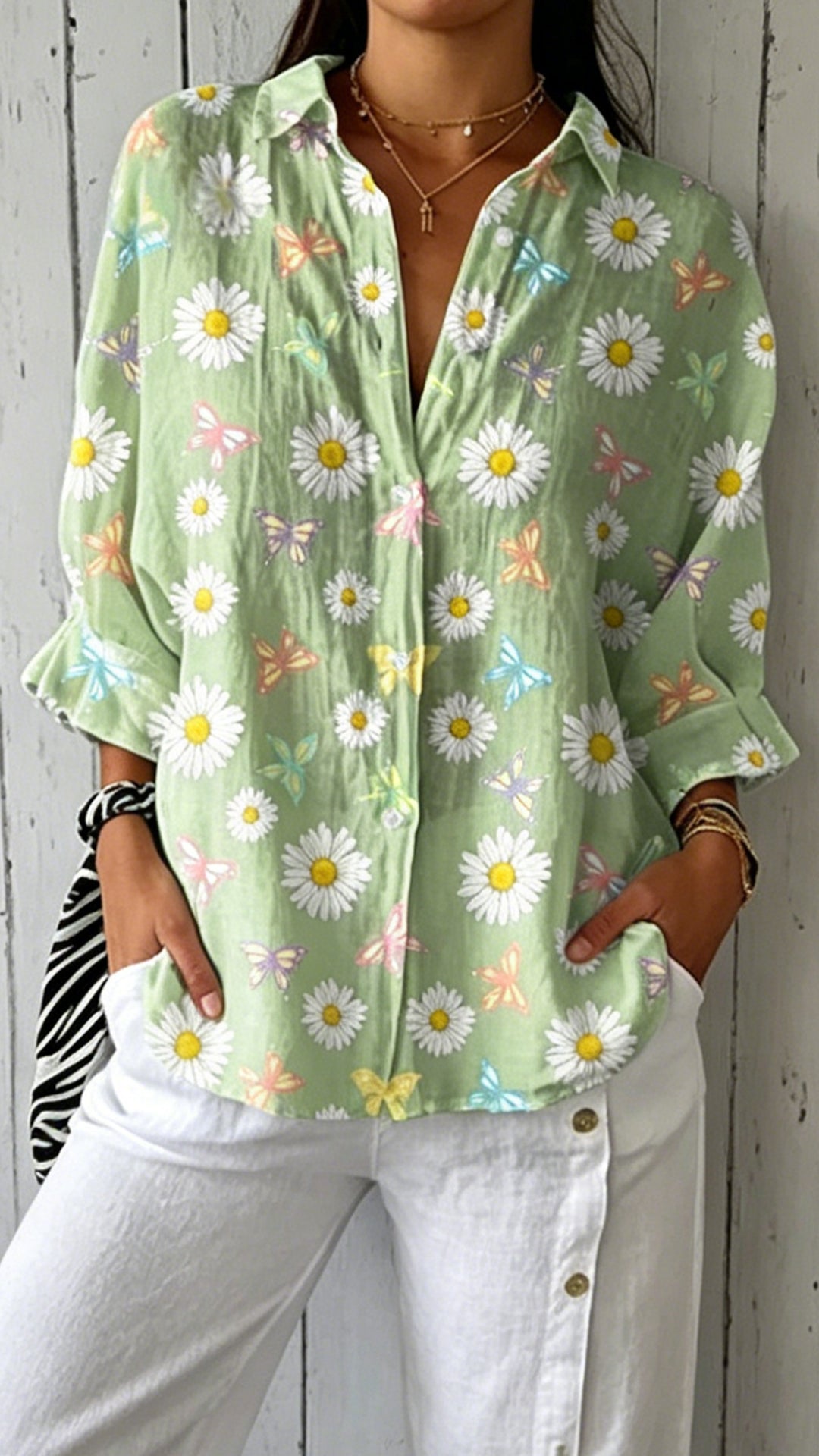 Women's Doll Collar Printed Polyester Blouse