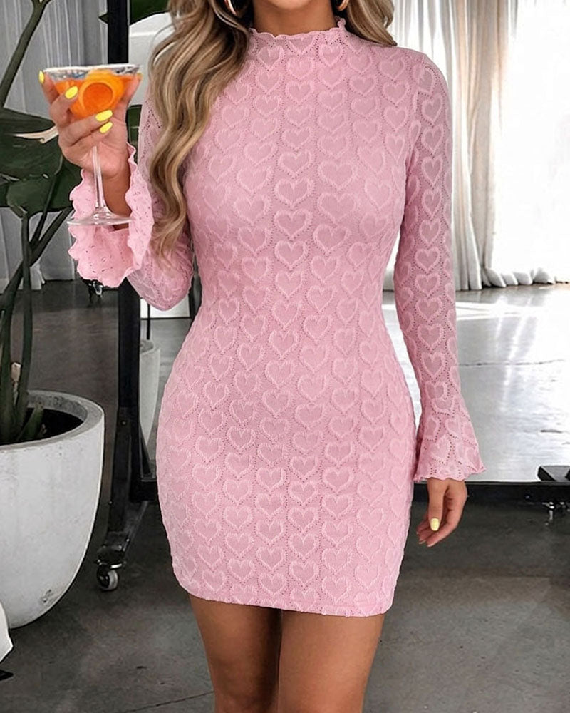 Women's Heart Jacquard Mini Dress Flared Cuffs Mock Neck Bodycon Dress Frill Hem Party Clubwear with Lining