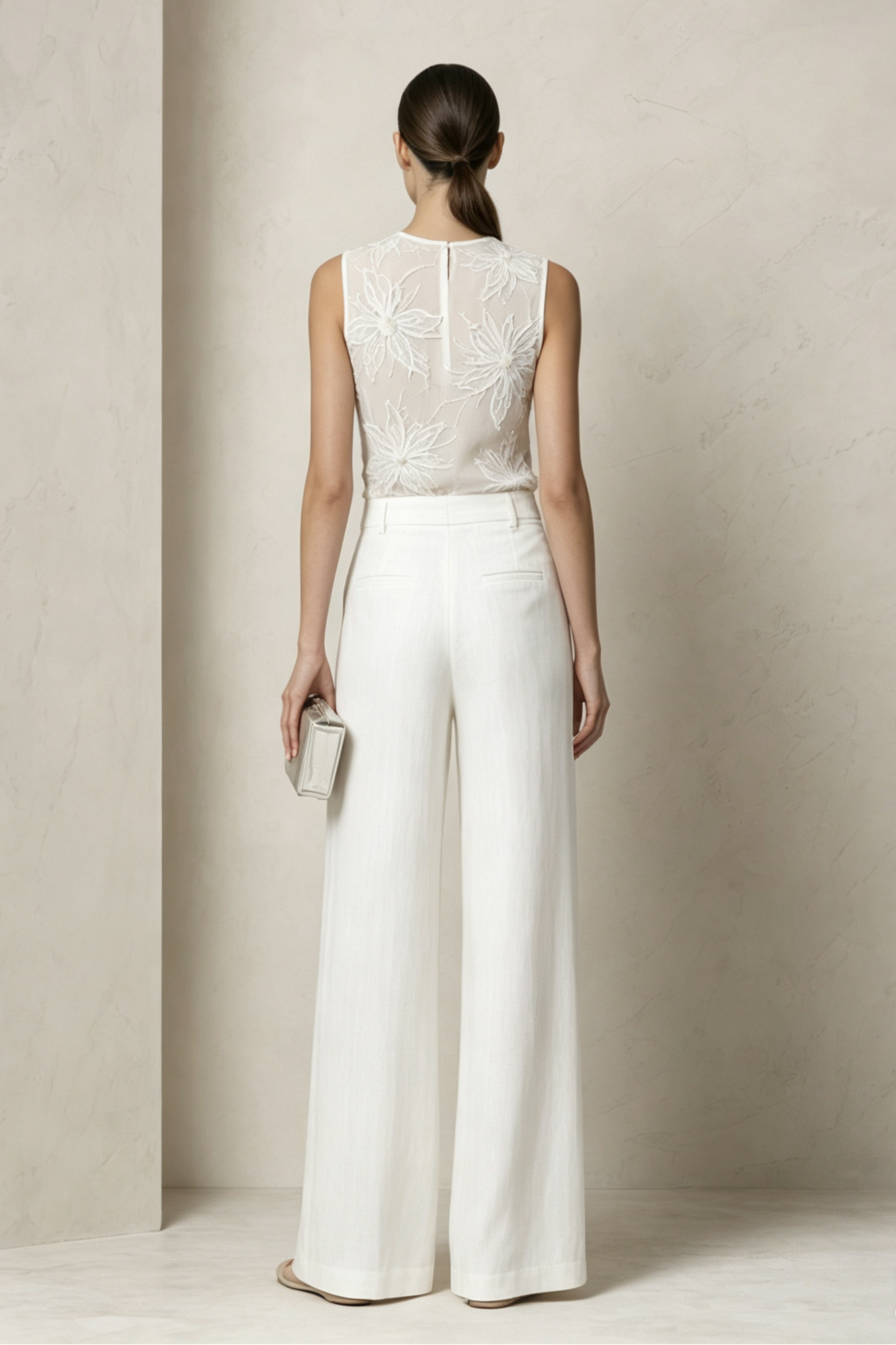 White Sheer Mesh 3D Floral Sleeveless Round Neck Wide Leg Pants Two-Piece Set