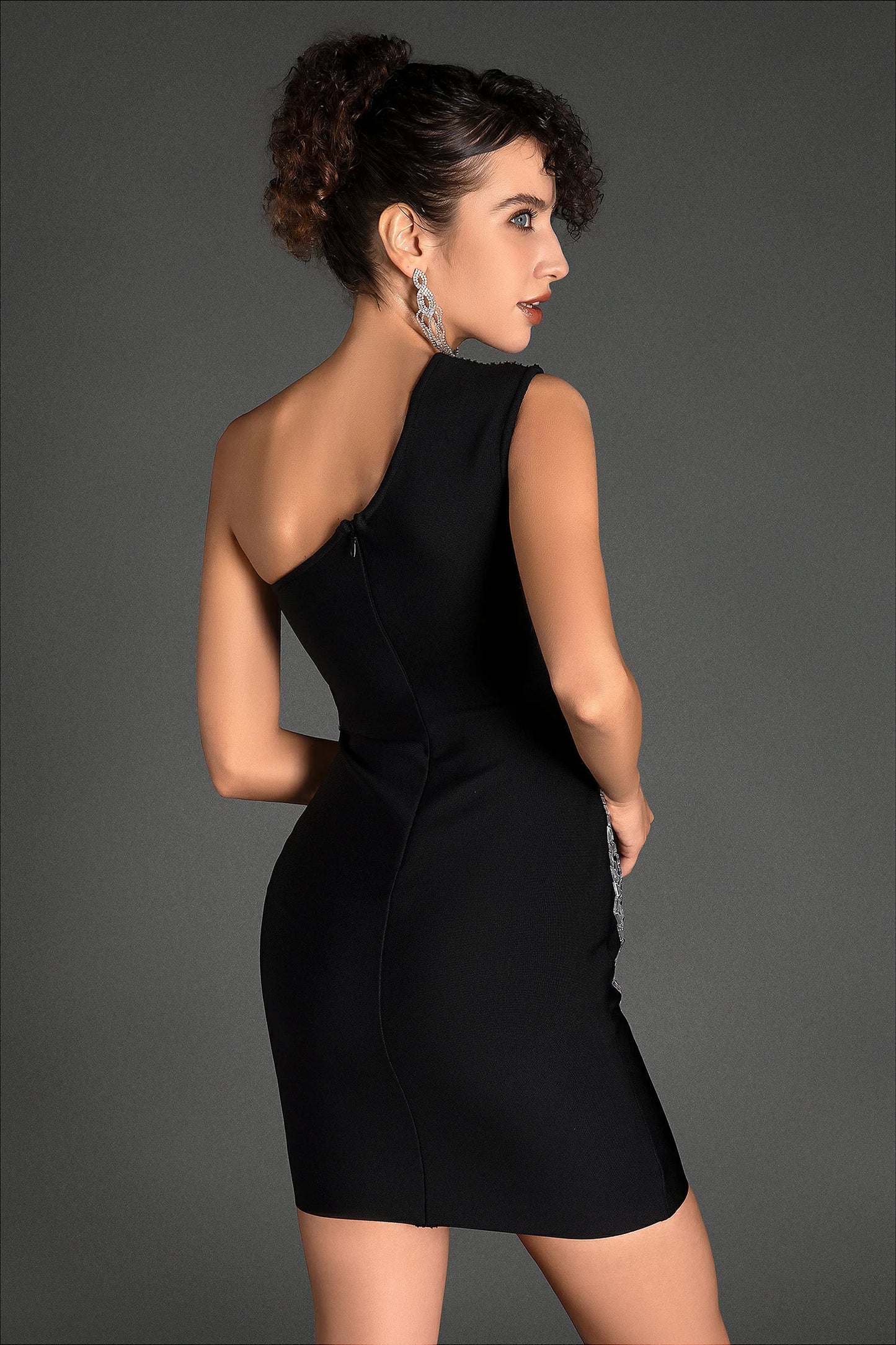 Kappeas One Shoulder Rhinestone Mini Dress