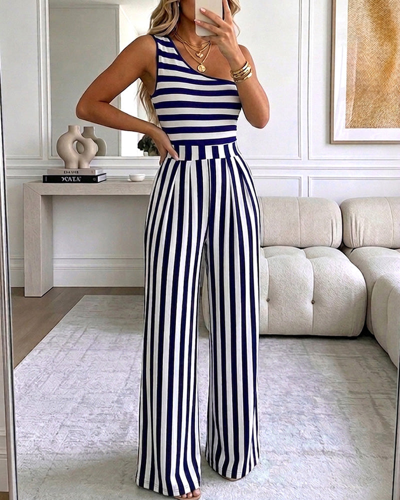 Women's Striped One Shoulder Jumpsuit Casual High Waisted Wide Leg Overalls