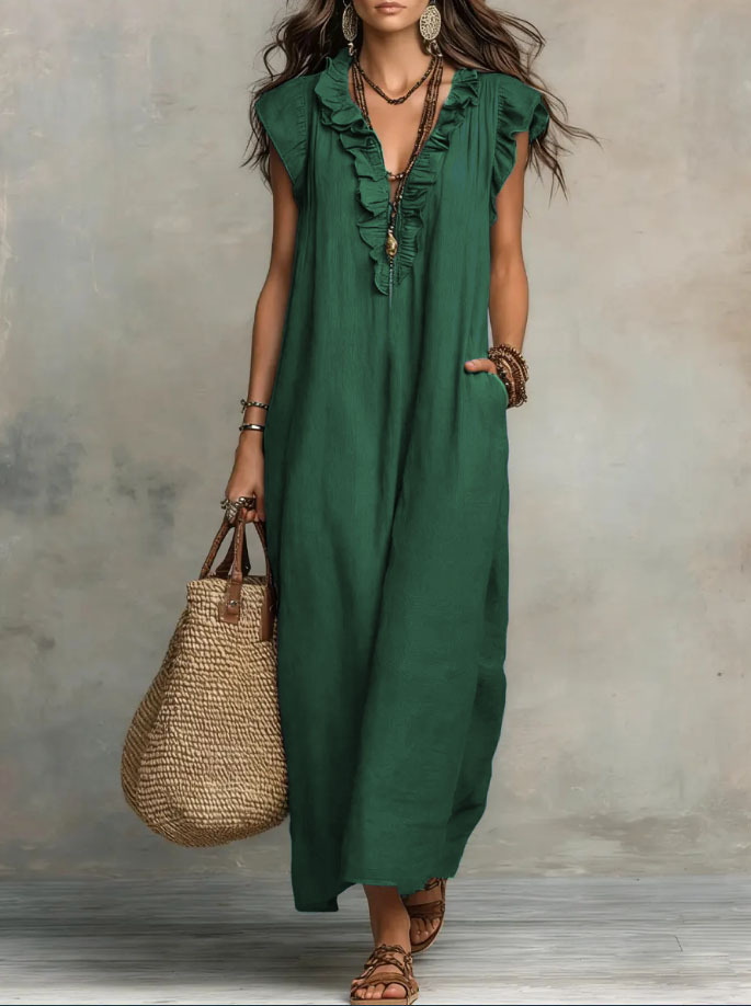 Cotton-Blend Ruffle V-Neck Maxi Dress