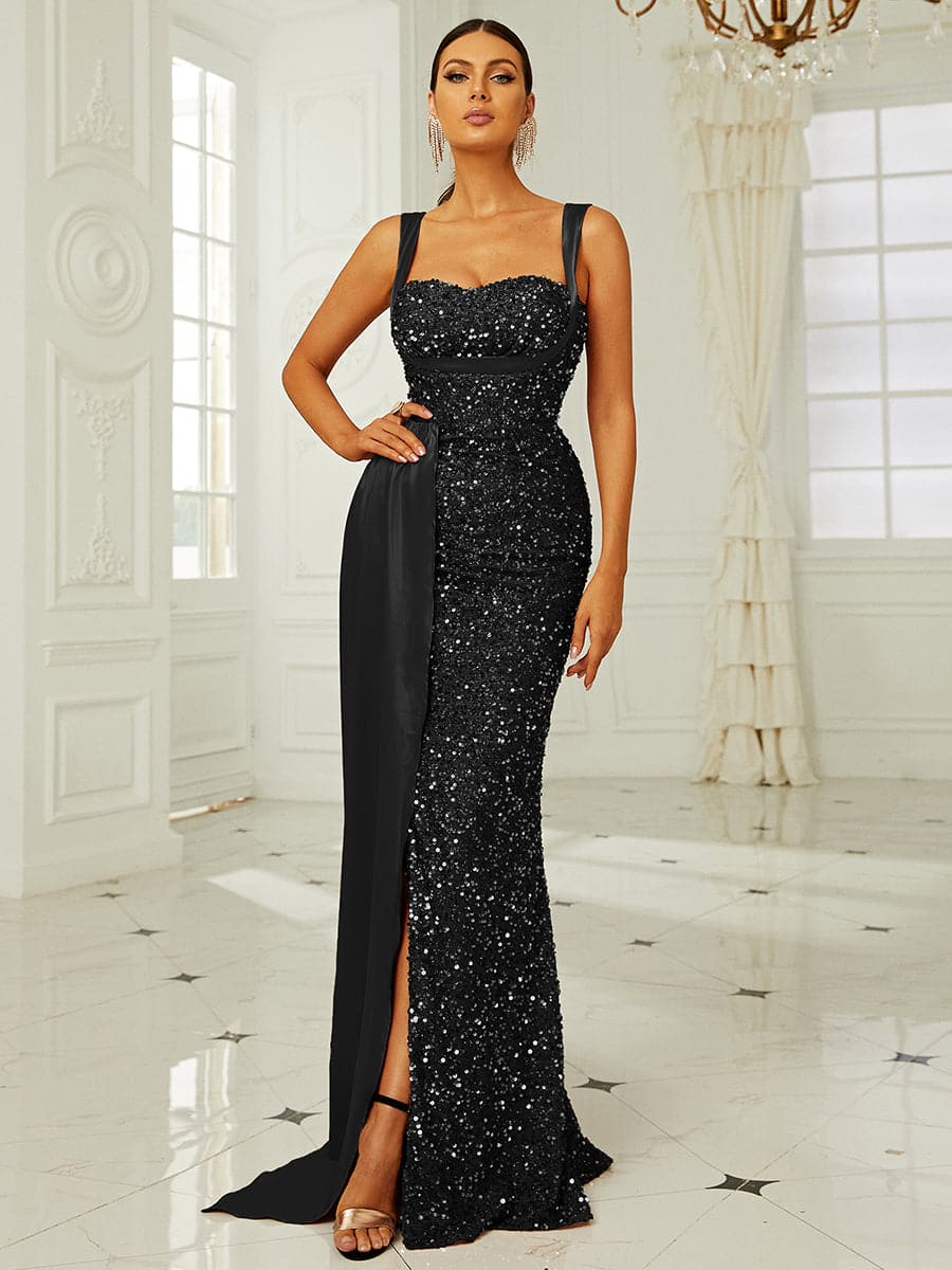 Ribbon Corset Sequin Maxi Prom Dress