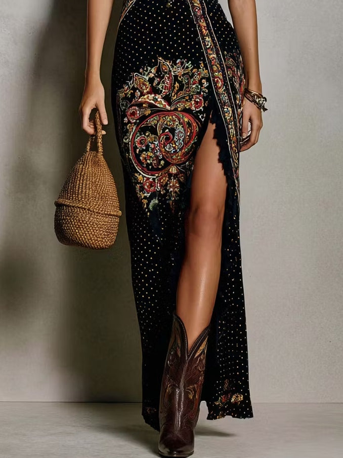 Black Polka Dot Paisley Print Ruffle Strap High Slit Maxi Dress