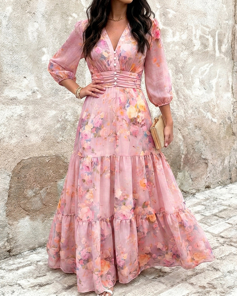 CHICME Women's Watercolor Floral V-Neck Shirred High Waist Maxi Dress Three Quarters Lantern Sleeve A-Line Ruffle Hem Chiffon Vacation Dress