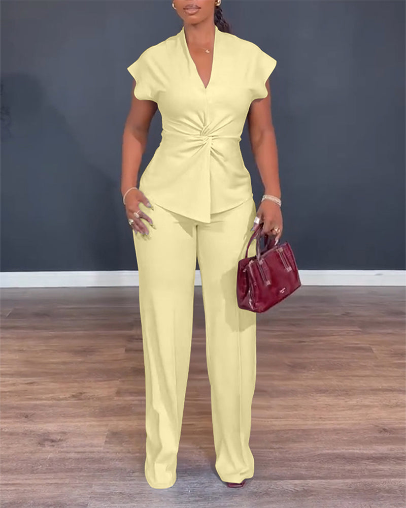 Women's 2 Piece Outfits V Neck Twist Front Slit Top and High Waisted Straight Leg Pants Set Commute Business Casual Suit