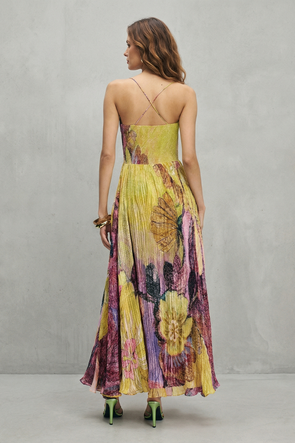 Lunézia – Watercolor floral pleats – Flowing maxi dress