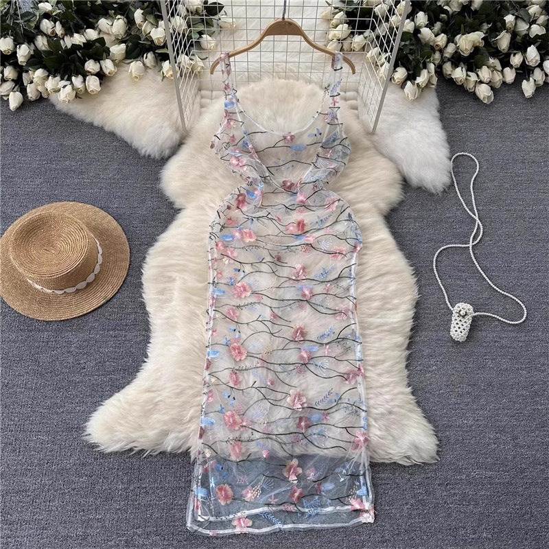 sleeveless embroidery lace mesh midi dress