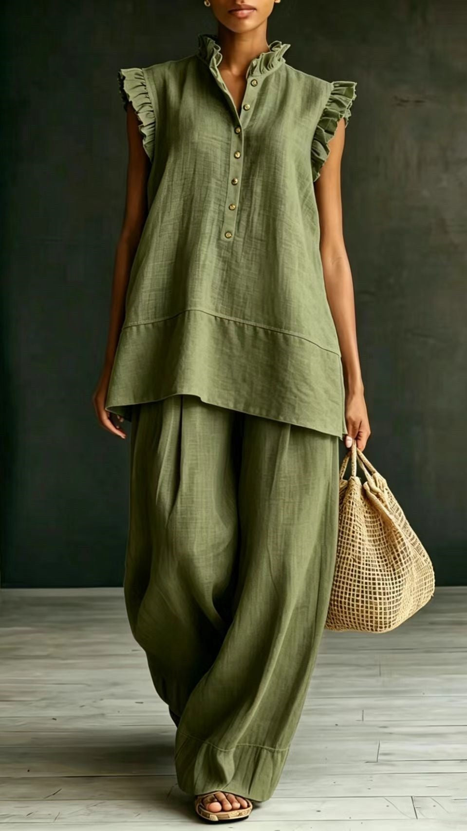 Ruffled Sleeveless Shirt and Loose-Fit Trousers Two-Piece Set