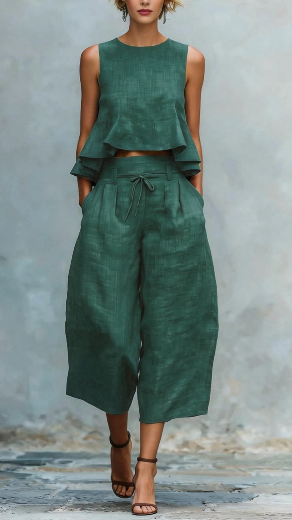 Women's two-piece linen blend set with ruffled trim.