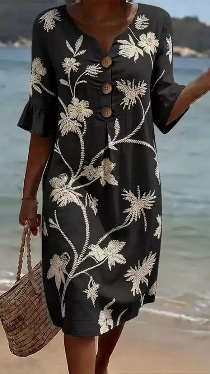 Women's Vacation-Style V-Neck Printed Loose-Fit Dress with Mid-Length Sleeves