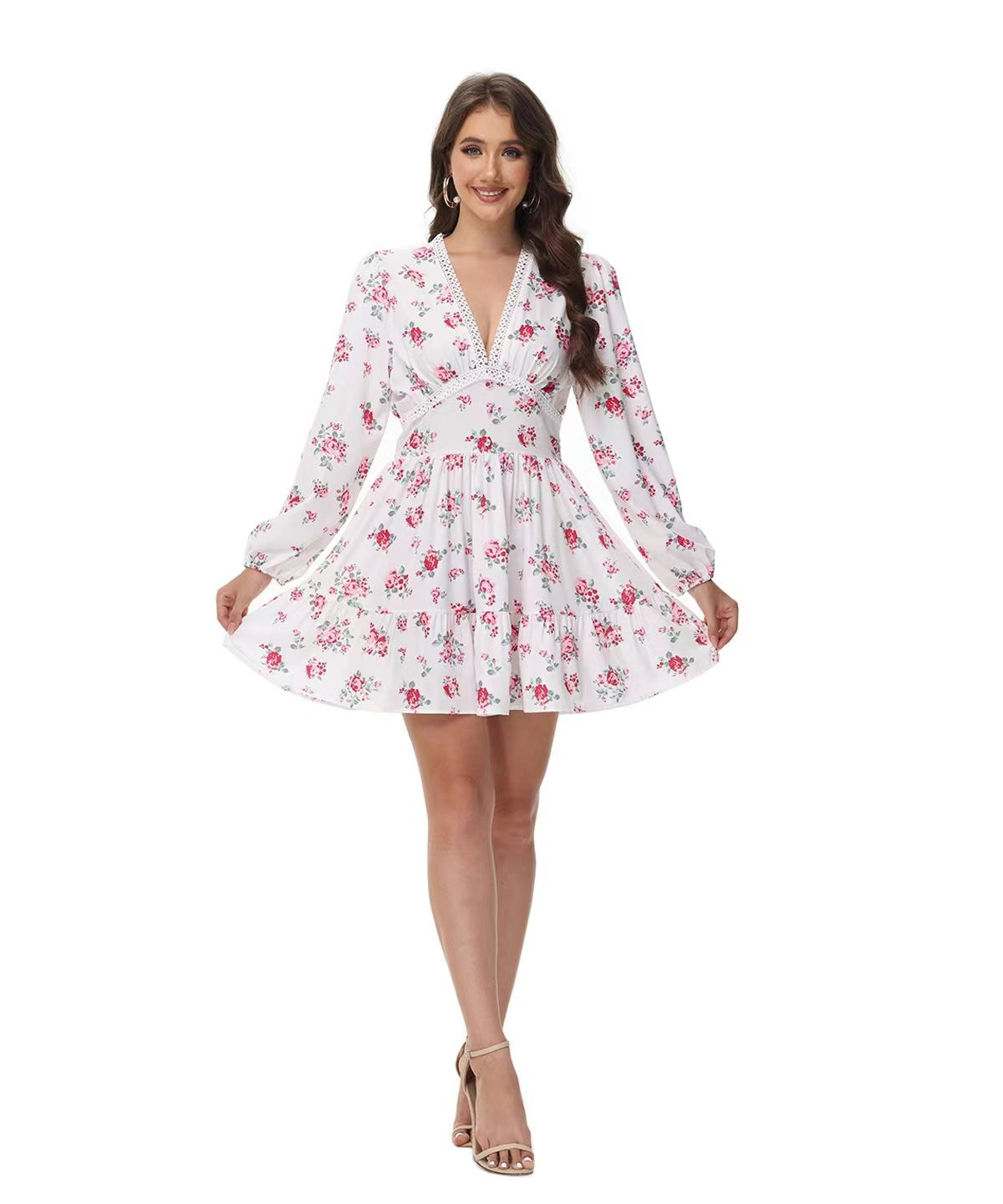 Printed V-neck puff sleeve lace mini dress