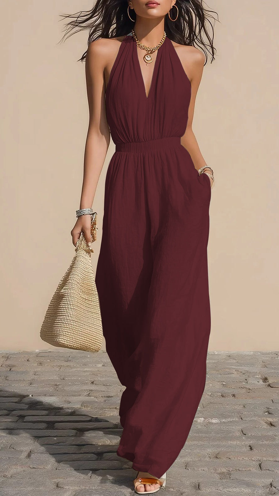 Halter-Neck V-Neck Slim-Fit Jumpsuit