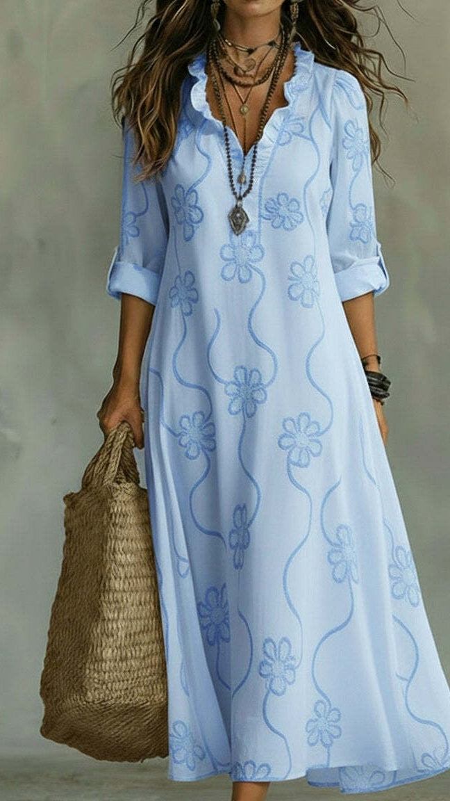 Women's Vintage Floral A-Line Dress with Ruffled Collar