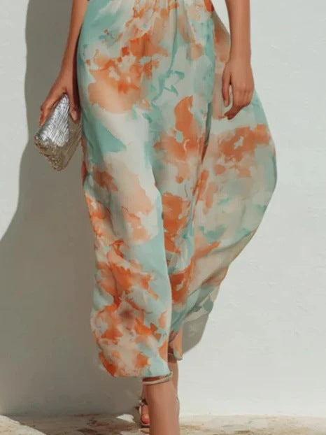 Mint Orange Watercolor Floral Sleeveless Halter Ruched Waist Maxi Dress