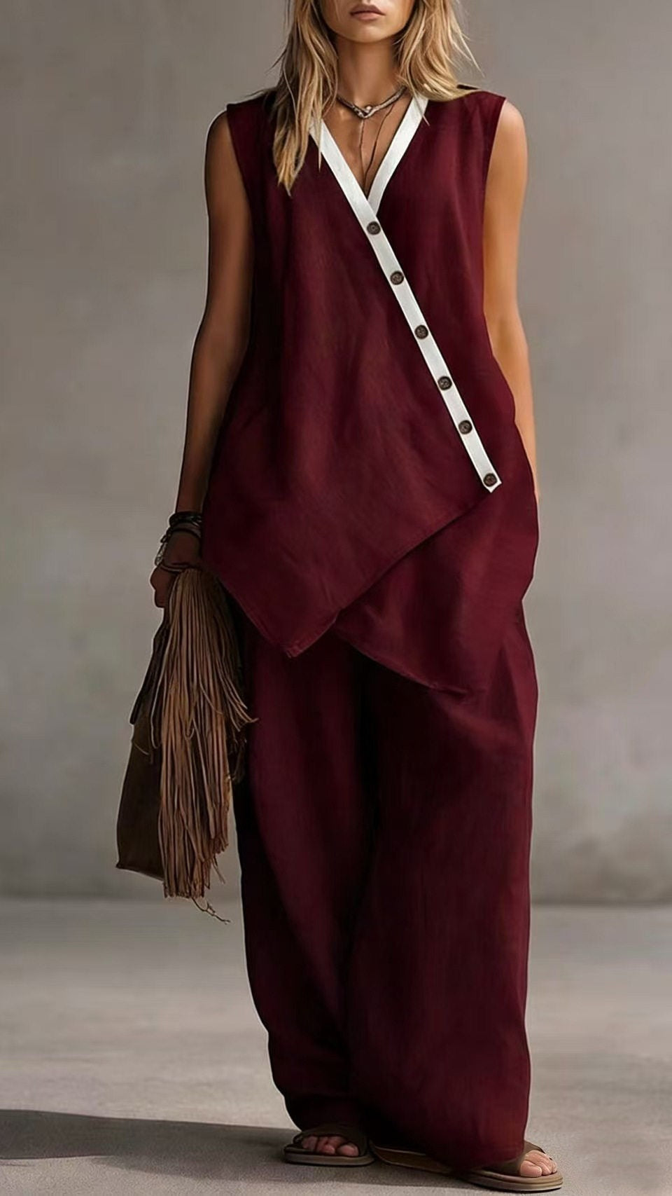 V-Neck Sleeveless Wide-Leg Pants Two-Piece Set with Asymmetrical Buttons