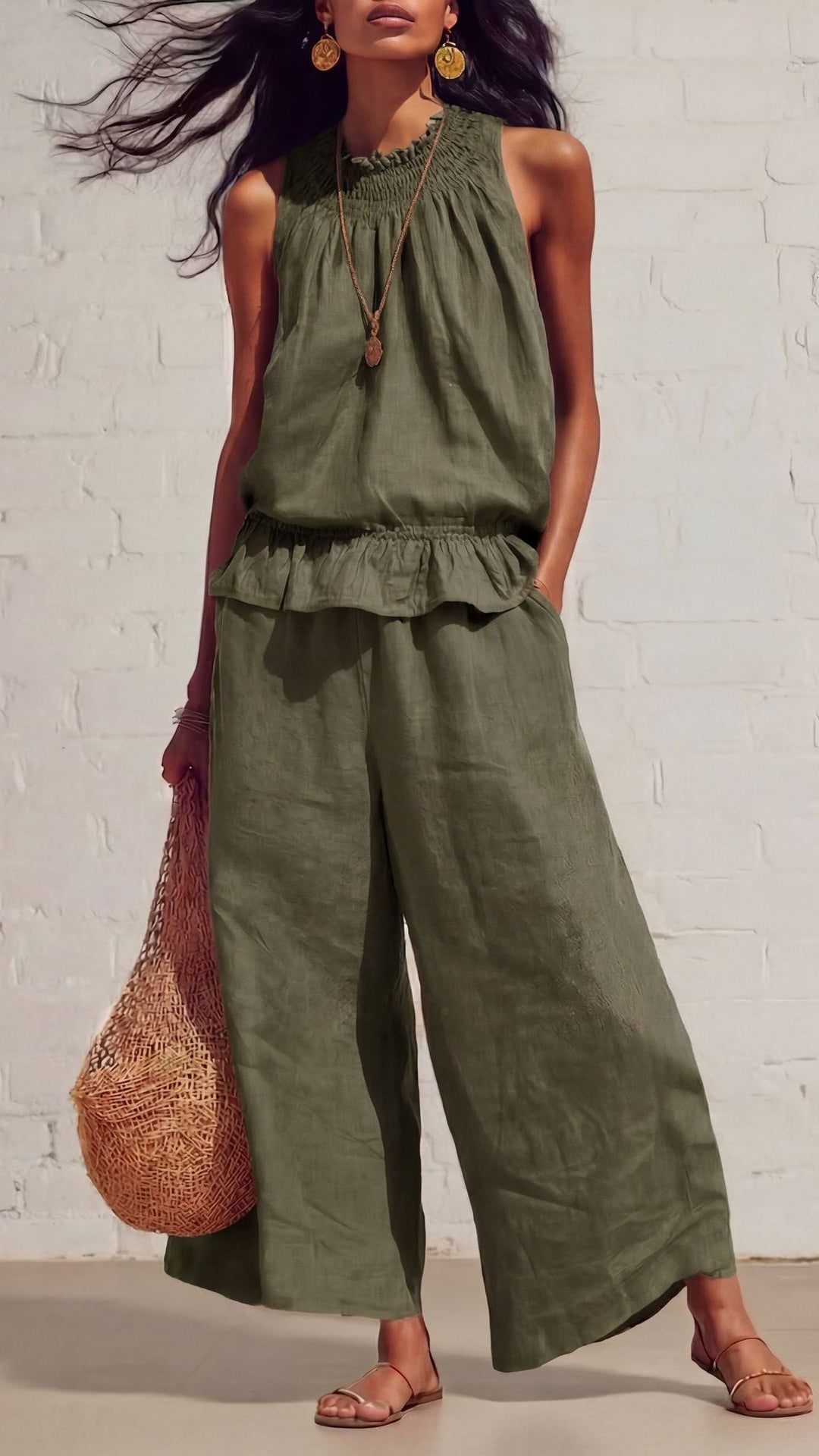 Women's Vintage Bohemian Ruffled Cotton-Linen Two-Piece Set