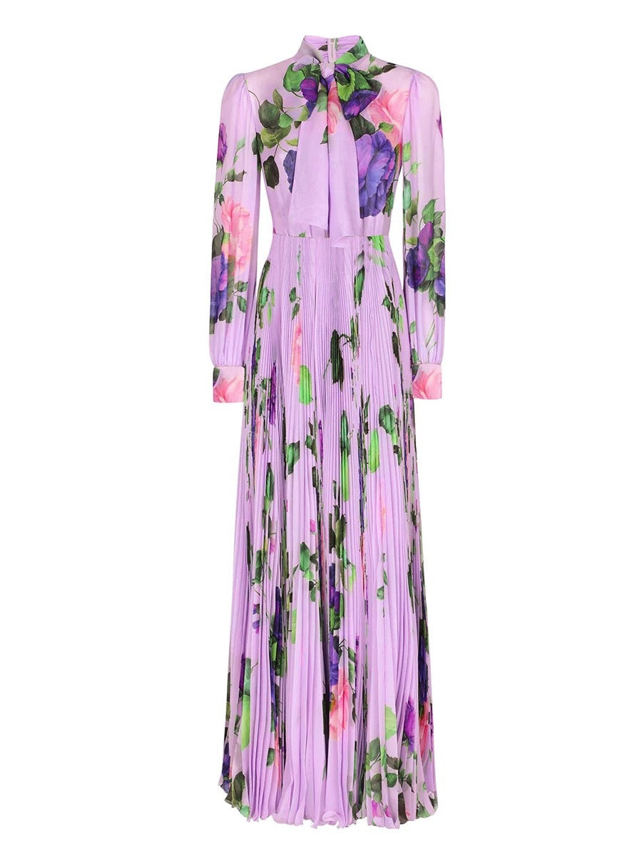 Purple floral print long-sleeved pleated maxi dress