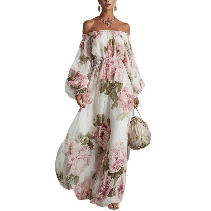 off-shoulder Print lantern sleeve maxi dress
