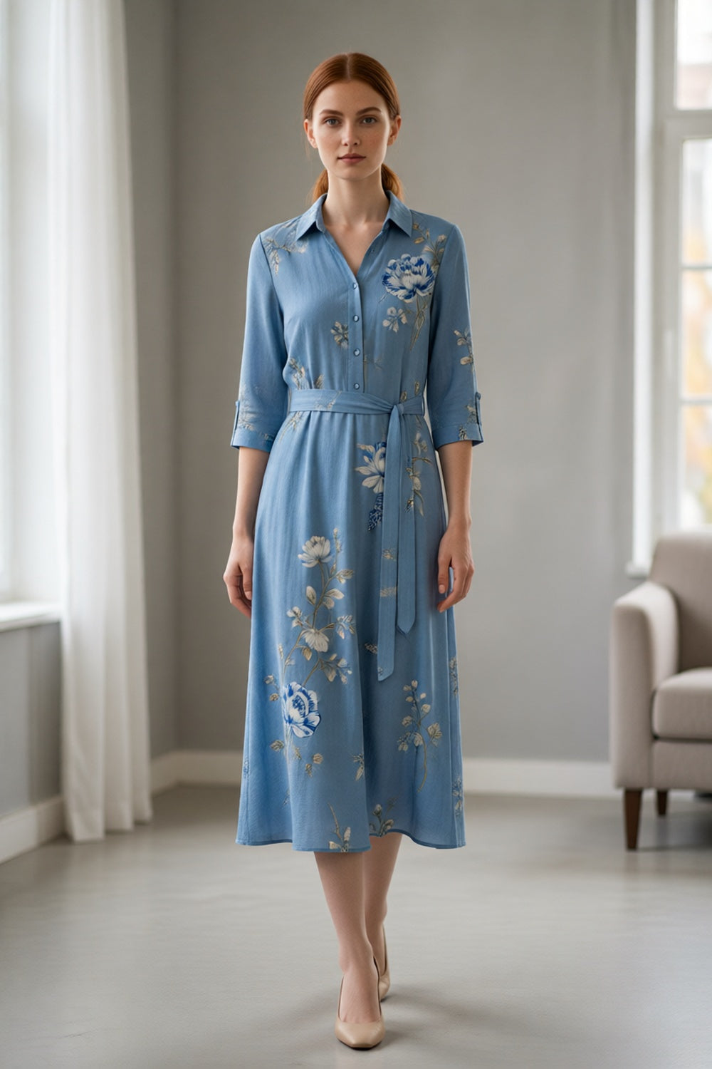 Light Blue Chinese Blue-and-White Floral Print Collared 3/4 Sleeve Self-Tie Belt Shirt Midi Dress