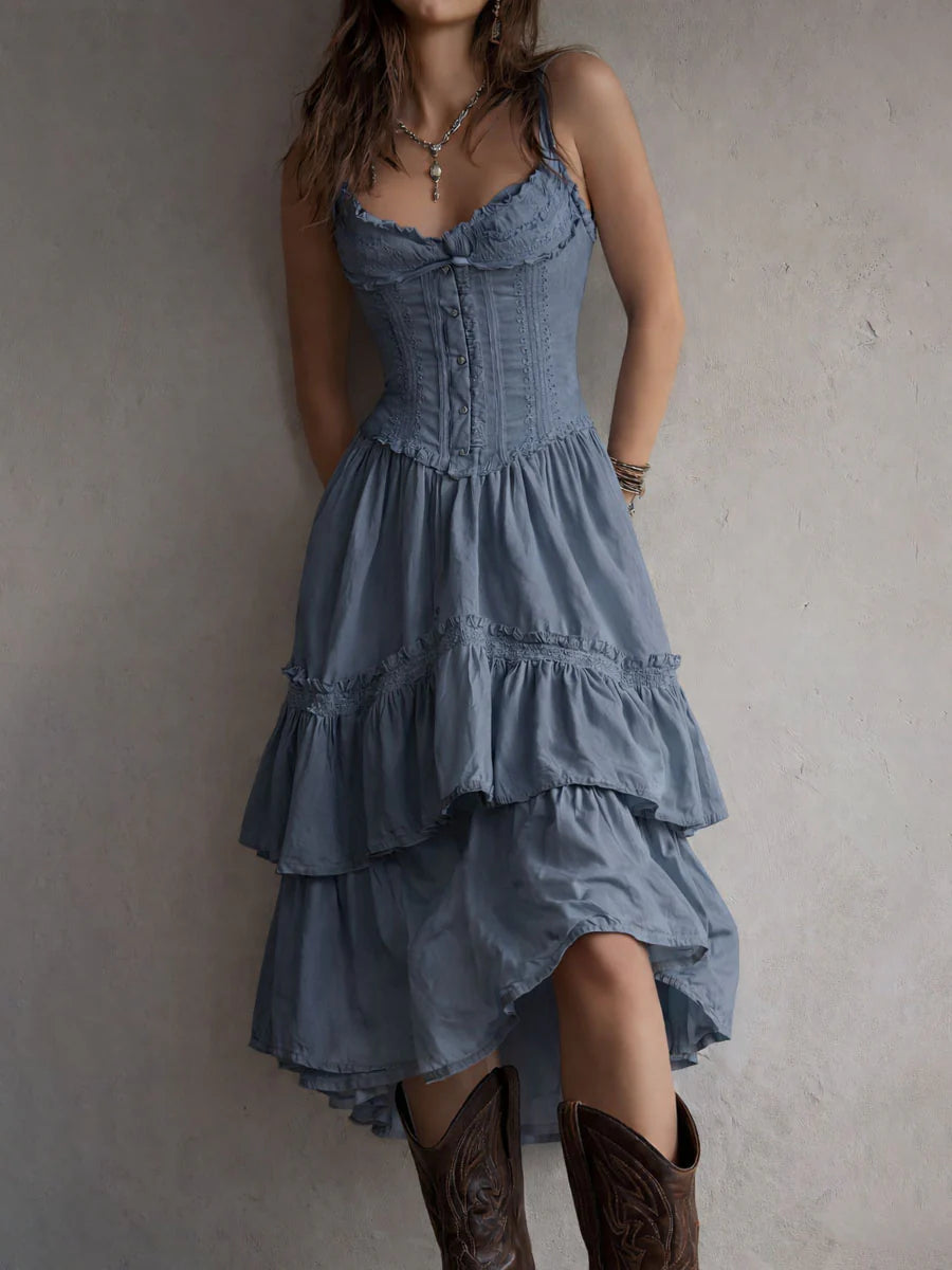 white renee Corset Tiered Midi Dress With Lace-Trim