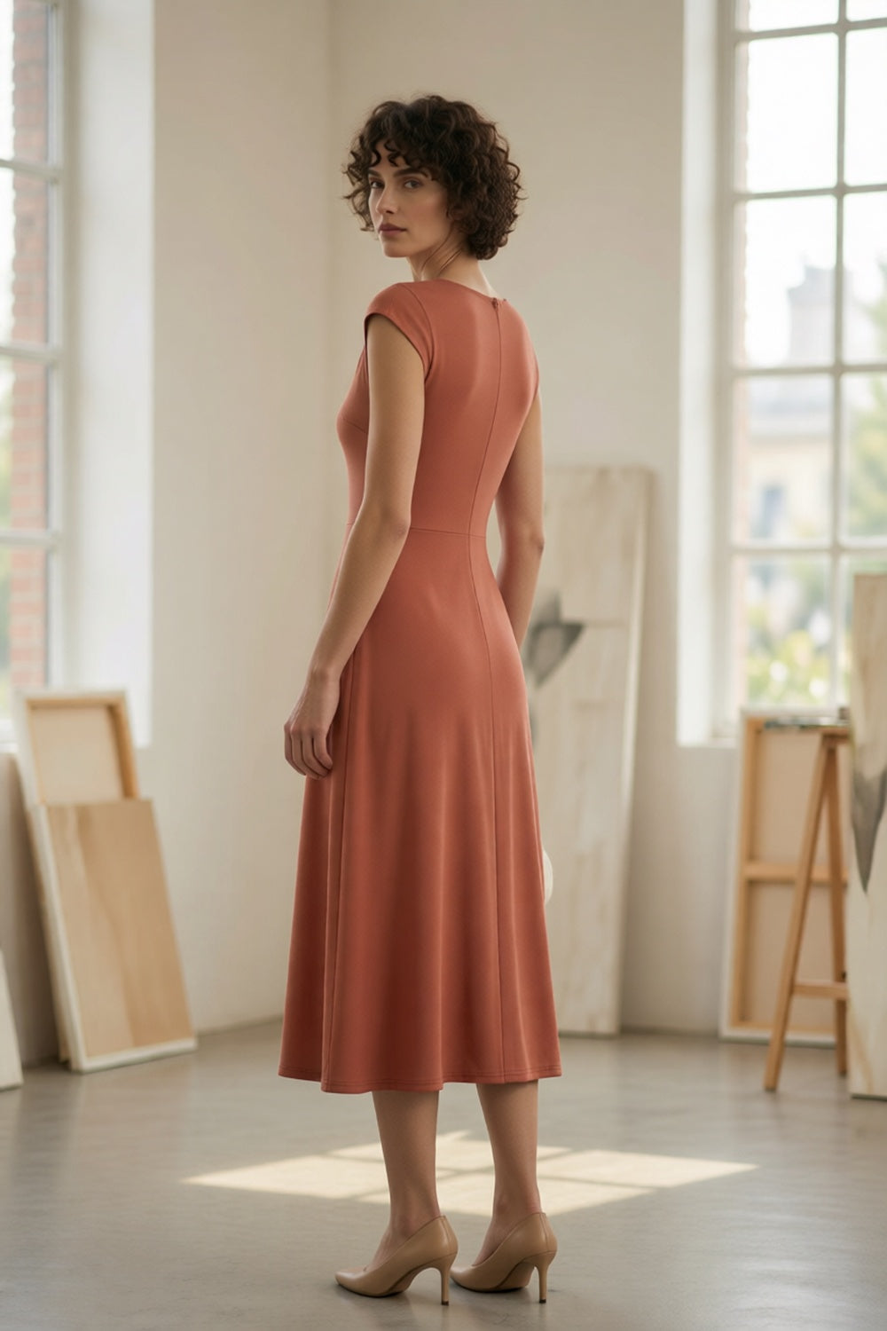 Terracotta Cowl Draped Boat Neck Cap Sleeve Slim Waist Flowy A-Line Midi Dress