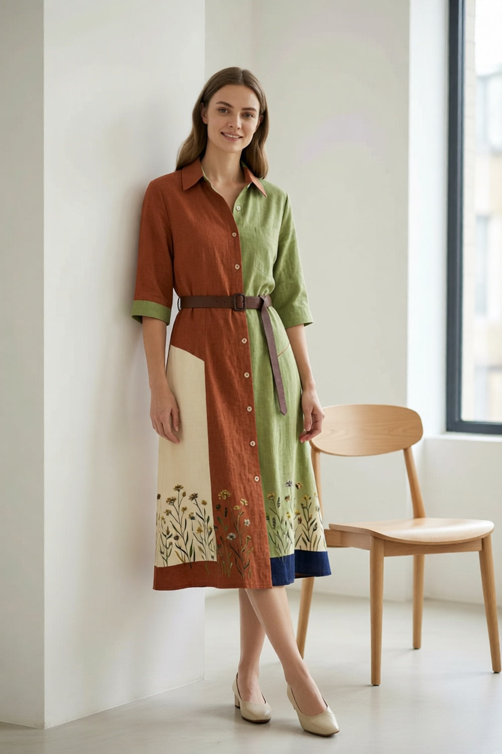 Linen Cotton Shirt Dress with Botanical Print, Color Block Design & Waist Belt
